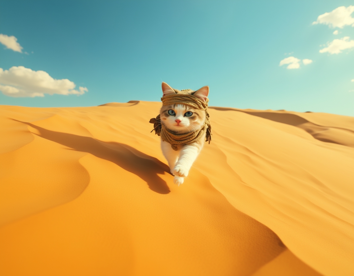 Cat crosses vast desert dunes, guided by the sun’s relentless heat and the promise of hidden oases. The scene is filled with swirling sand, vibrant skies, and an air of adventurous determination.